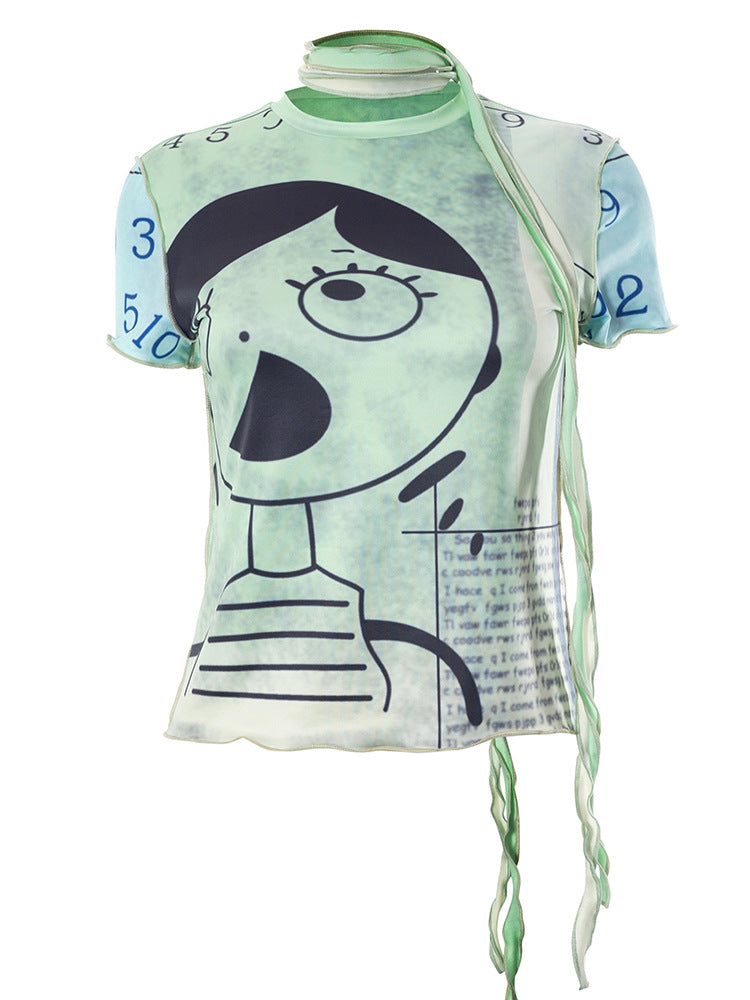Trendy Funny Cartoon Characters Printed Short Sleeved Top Women Slim Fit Slimming Summer