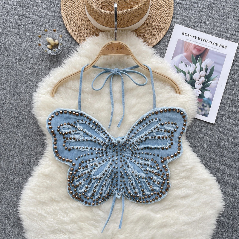 Top Denim Sling Heavy-Duty Beaded Women Summer Backless Strap Halter Butterfly Design Top