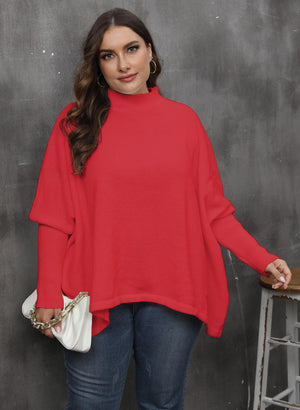 Lady Pullover Tops Women Clothes Loose Woven Shirt Split Batwing Sleeve Mock Neck Sweater