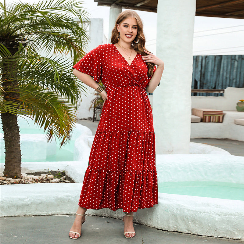 Plus Size Summer Women Clothing Polka Dot Casual Holiday Dress V Neck Elegant Swing Mid Length Dress