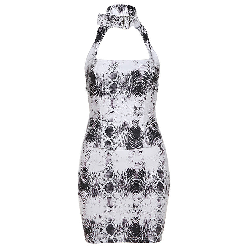 Spring Summer Women Personalized Snake Print Lock Halter Backless Dress