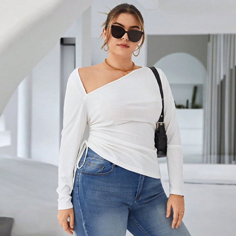 Plus Size Women Clothes High Grade Elegant Slim Fit Long Sleeve One Shoulder Cold Shoulder Irregular Asymmetric Pleated T shirt Top