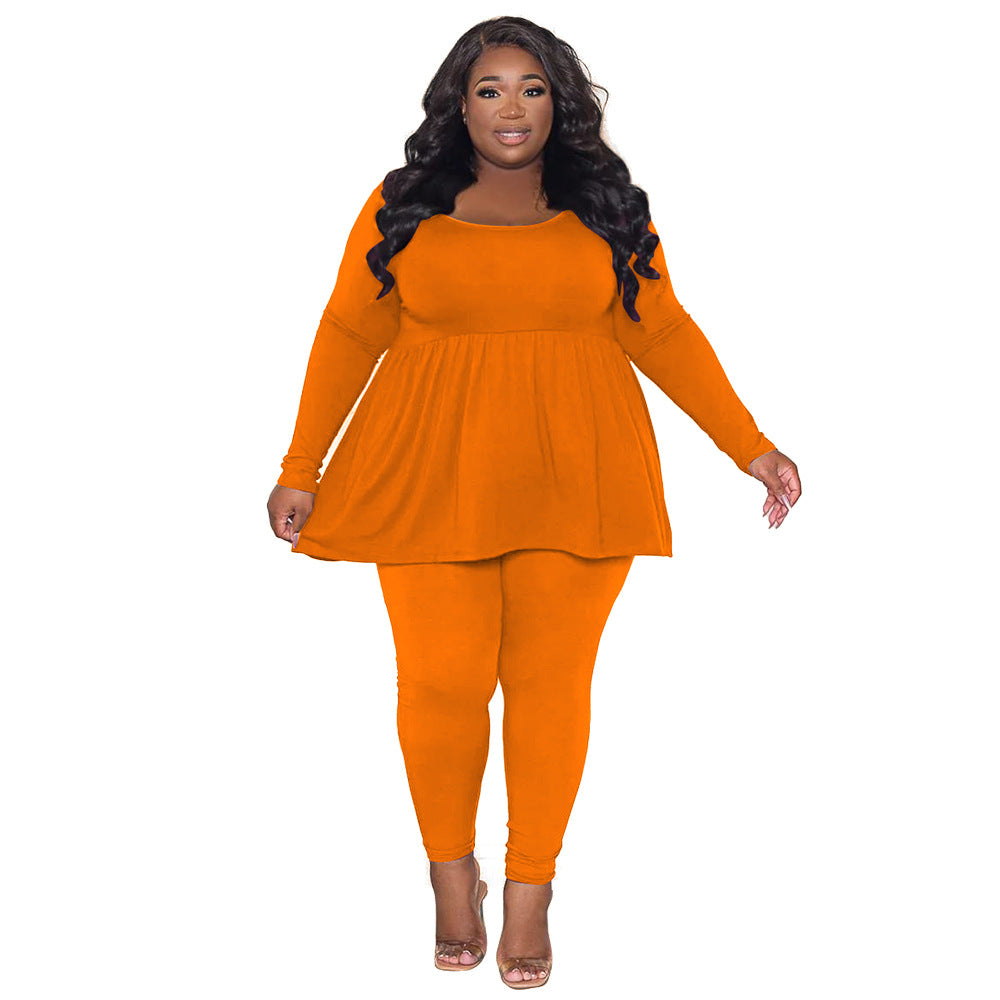 Plus Size Women Clothing Women Suit Solid Color Long Sleeved T Shirt Two Piece Set Women