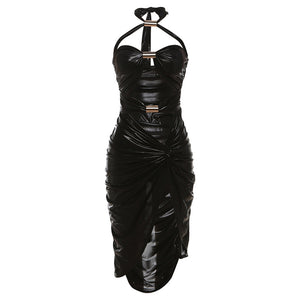 Spring Women Clothing Sexy Bright Color Halter Lace up Hollow Out Cutout Split Sheath Dress for Women