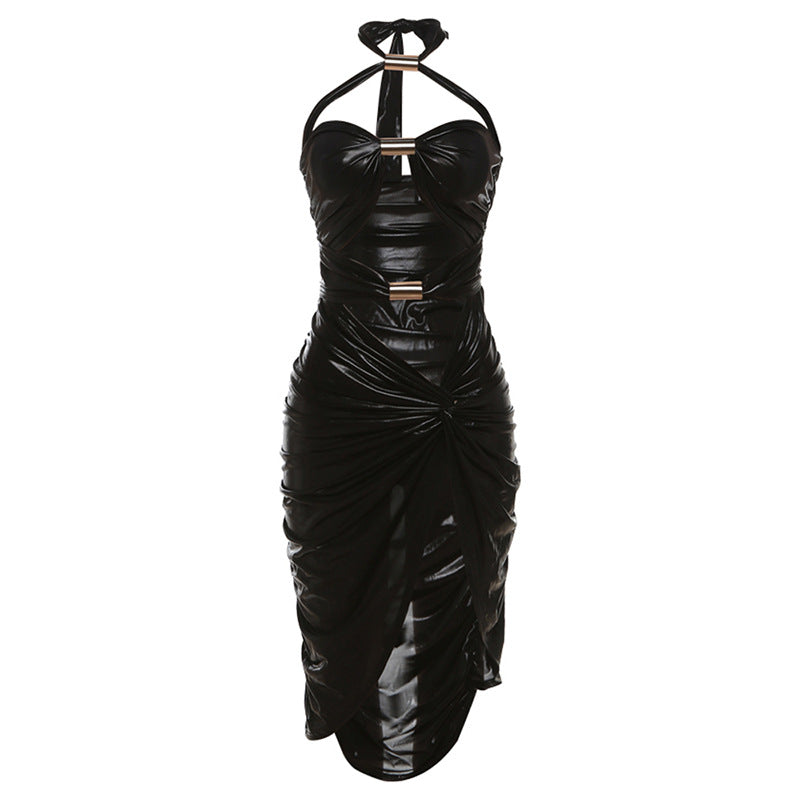 Spring Women Clothing Sexy Bright Color Halter Lace up Hollow Out Cutout Split Sheath Dress for Women