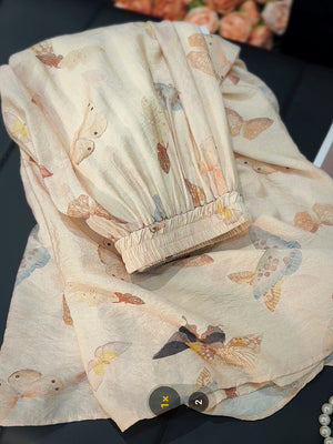 Vintage Artistic Silk Linen Printed Butterfly Skirt Women Elastic Waist A line Base Casual Dress