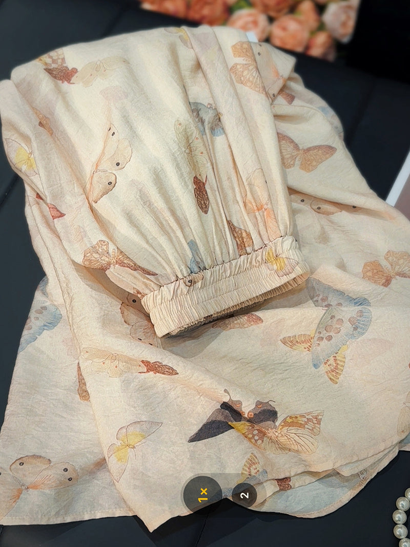 Vintage Artistic Silk Linen Printed Butterfly Skirt Women Elastic Waist A line Base Casual Dress