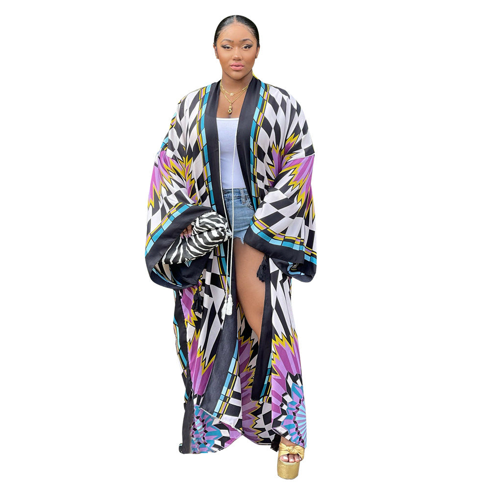 Coat Artificial Silk Multi Print Casual Trench Coat