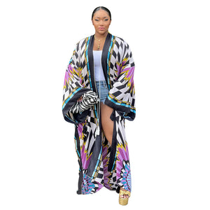 Coat Artificial Silk Multi Print Casual Trench Coat