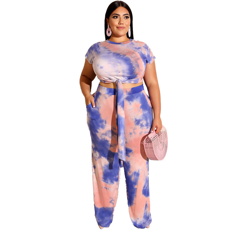 Plus Size Tie-Dye Printed Lace up Casual Set Women Two-Piece Suit