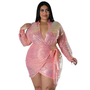 Plus Size Sexy Sequined Gilding Nightclub Long Sleeve Lace up Dress Women