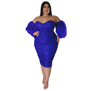 Plus Size Sexy Sequ Dress Tube Top Mesh Solid Color Evening Dress Tight Sexy Hip