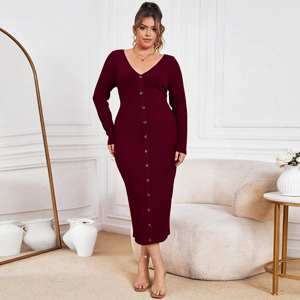 plus Size Women Clothes Autumn Winter Slim Sheath Knitted Dress Sexy V neck Maxi Dress