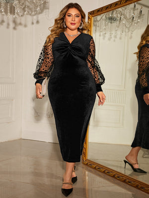 Plus Size Loose Popular Split Hip Dress Lace V neck Long Sleeve Dress