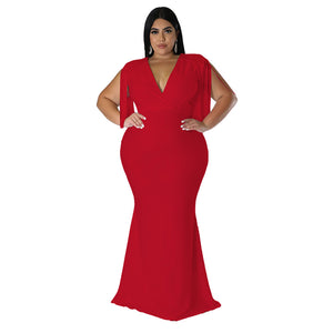 Plus Size Women Dress Sexy Tassel V neck Long Sleeve Slim Fit Maxi Dress