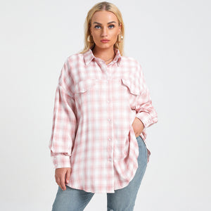 Plus Size Autumn New Polo Collar Long Sleeve Plaid Loose Oversized Shirt Women Clothing