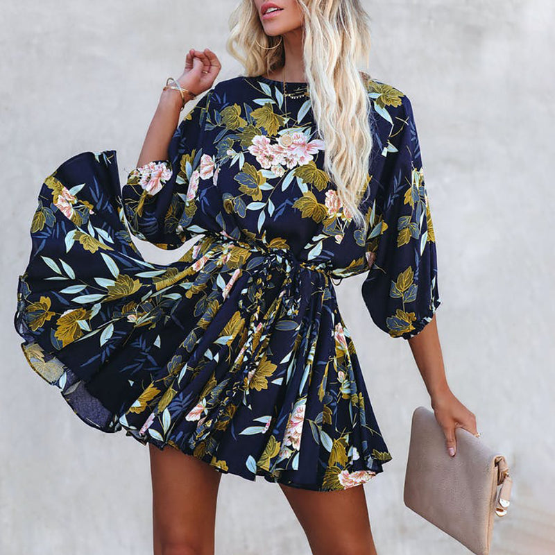 Spring Summer Women Clothing Floral round Neck 3/4 Sleeves Casual Swing Dress