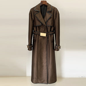 Autumn Winter Star Belt Jacquard Maze Pattern Long Trench Coat