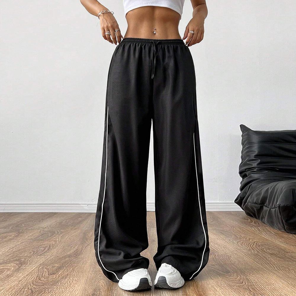 Spring Summer Casual Loose Waist Elastic Design Side Contrast Color Wide Leg Pants