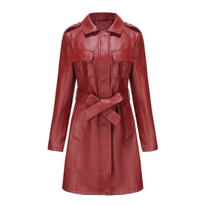 Mid Length Leather Coat With Belt Spring Autumn Long Sleeve Leather Wind Coat British Coat Women