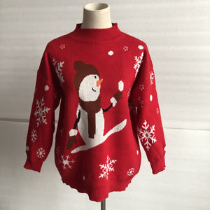 Autumn Winter Year Snowman Snowflake Half High Collar Long Sleeves Pullover Christmas Sweater for Women