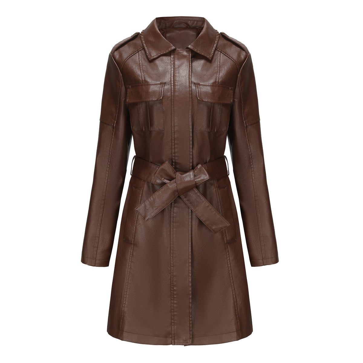 Mid Length Leather Coat With Belt Spring Autumn Long Sleeve Leather Wind Coat British Coat Women