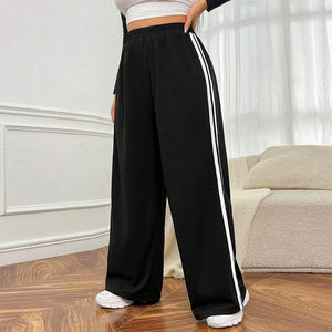 Plus Size Women Clothes Simple Trendy Casual Pants Autumn Winter Slim Fit Contrast Color Wide Leg Pants