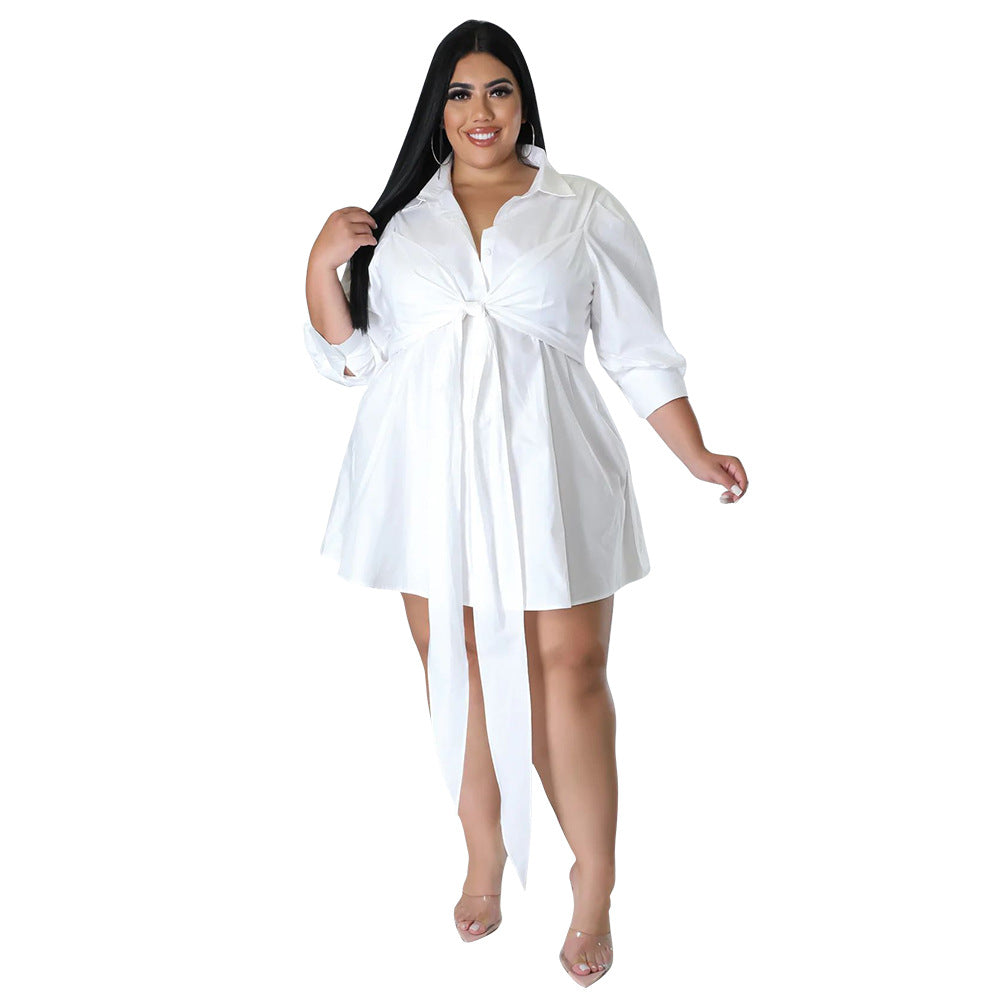 Plus Size Women Sexy Solid Color Tied Shirt Mini Dress