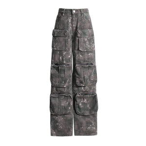 Spring Retro Design Pocket Wide Leg Jeans Camouflage Loose Slimming Workwear Pants Washed Trousers