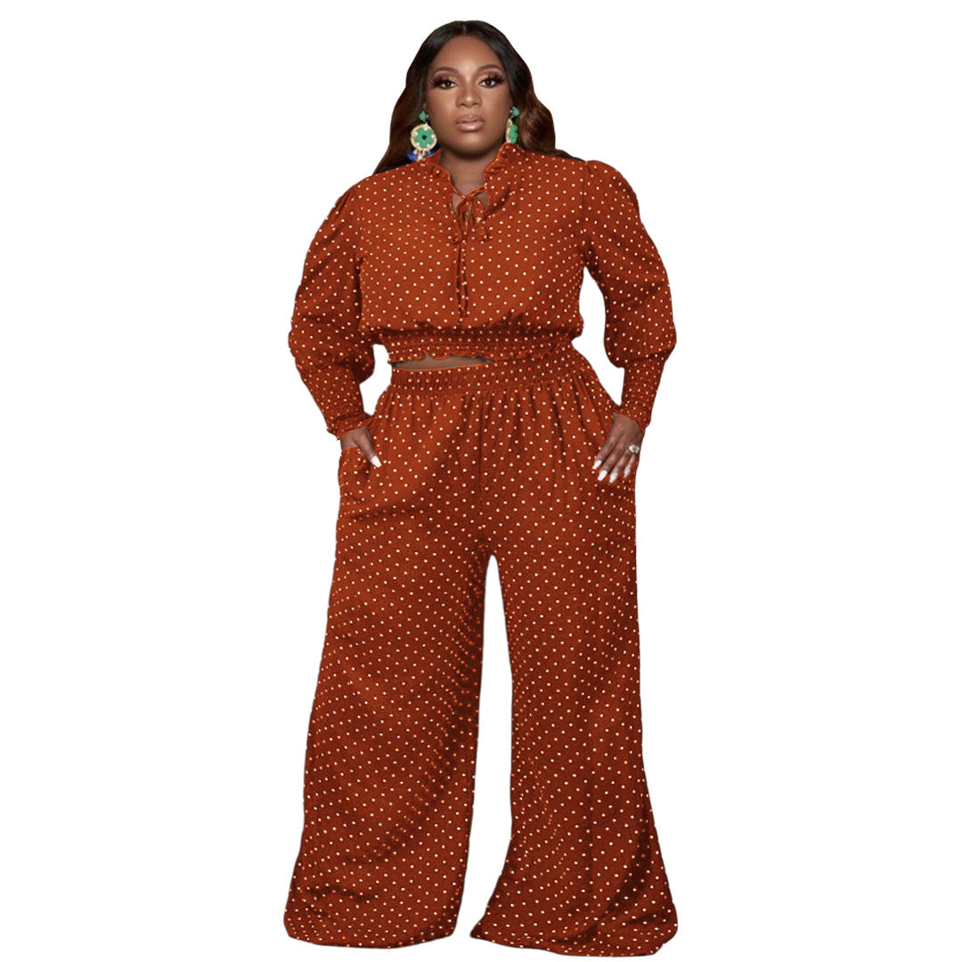 Plus Size Sexy Women Wear Polka Dot Smocking Lace-up Wide-Leg Pants Two-Piece Set