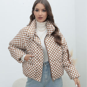 Coat Plaid Women Coat Bread Coat Warm down Cotton Jacket Cotton Padded Jacket Women Cotton Padded Clothing