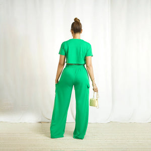 Women Clothing Two Piece Casual Short Sleeved Top Tight Waist Loose Tooling Wide Leg Pants Set