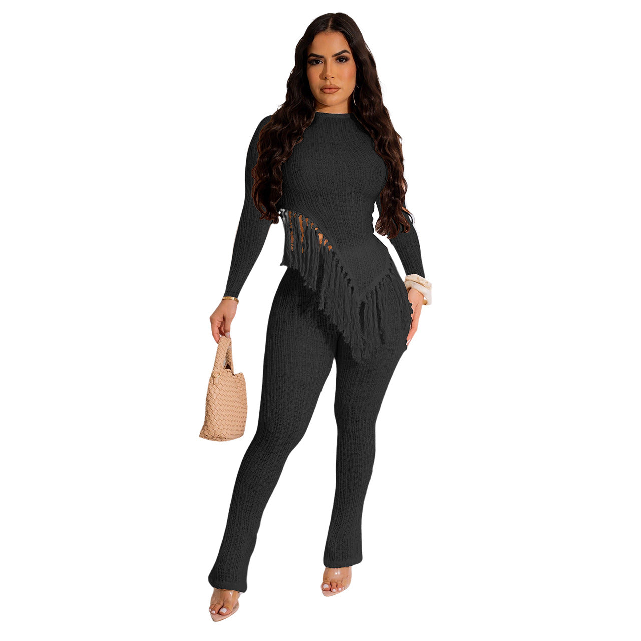 Women Clothing Autumn Irregular Asymmetric Fringed Hem Long Sleeve Trousers Two Piece Set