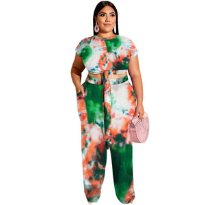 Plus Size Tie-Dye Printed Lace up Casual Set Women Two-Piece Suit