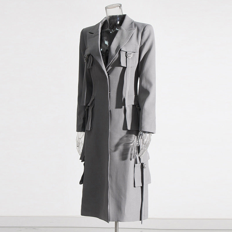 Simple Graceful Autumn Niche Design Patchwork Pocket Loose Solid Color Long Trench Coat Women