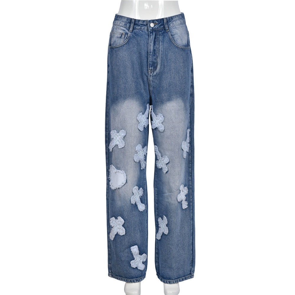 Vintage Washed Denim Tassel Cross Hip Hop Straight Leg Trousers