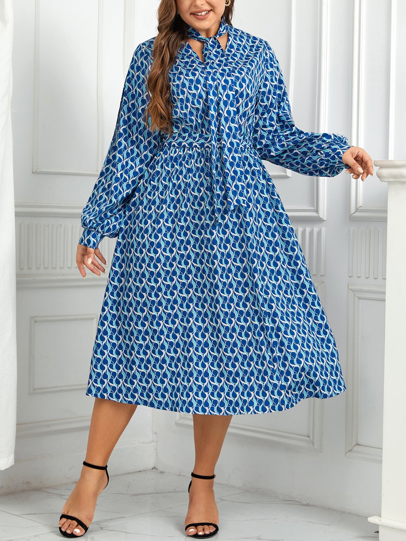 Plus Size High Waist Print Long Puff Sleeve Dress