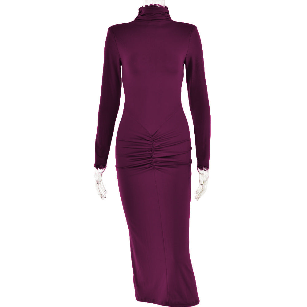 Autumn Winter Half High Collar Long Sleeves Dress Sexy Elegant Bodycon Maxi Dress for Women