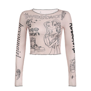 Sweet Cool Sexy Anime Print round Neck Long Sleeve T shirt Early Autumn Stitching Contrast Color Tight Edge Short Top