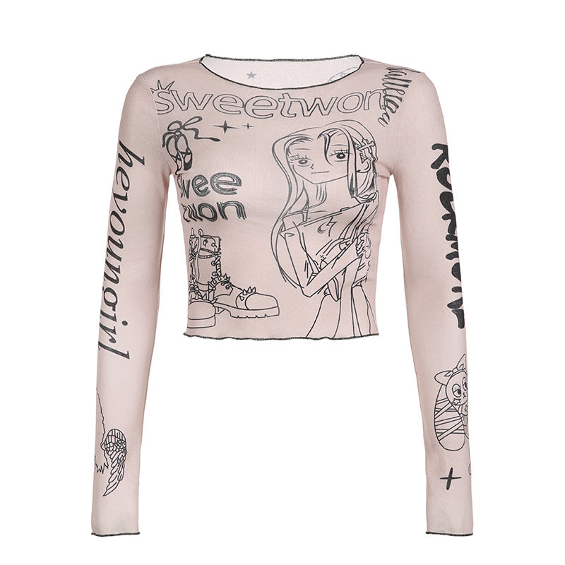 Sweet Cool Sexy Anime Print round Neck Long Sleeve T shirt Early Autumn Stitching Contrast Color Tight Edge Short Top
