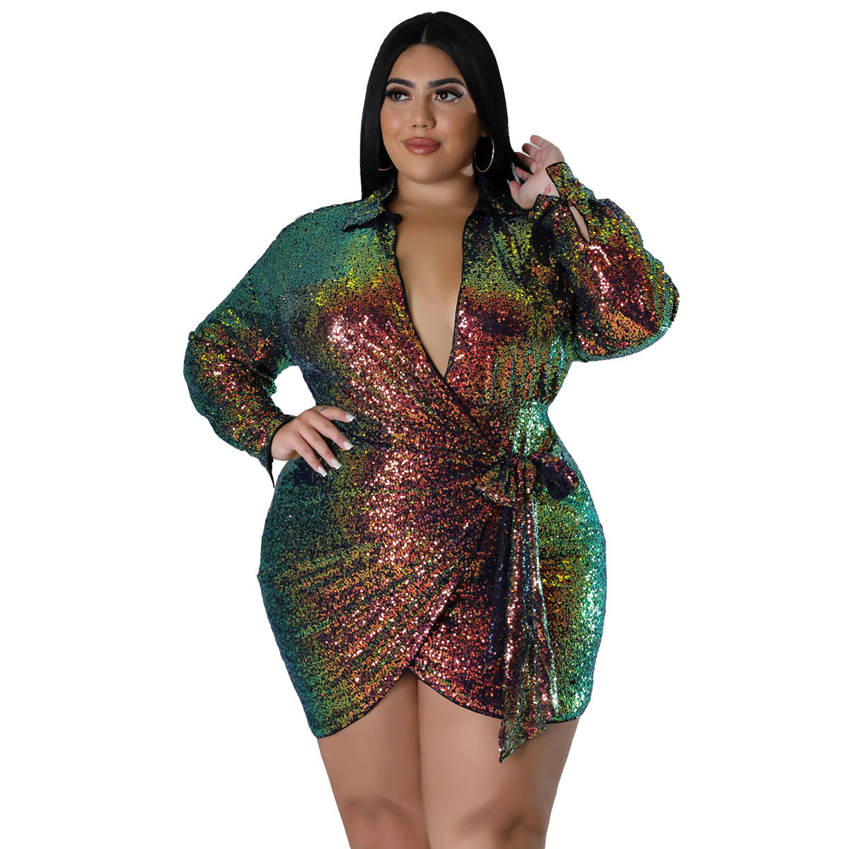 Plus Size Sexy Sequined Gilding Nightclub Long Sleeve Lace up Dress Women