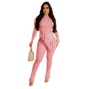 Women Clothing Autumn Irregular Asymmetric Fringed Hem Long Sleeve Trousers Two Piece Set