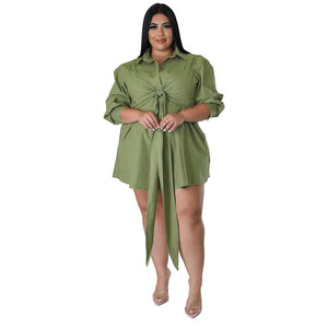 Plus Size Women Sexy Solid Color Tied Shirt Mini Dress