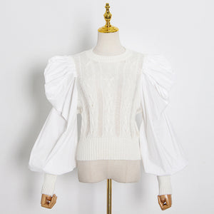 Fashionable Sweater Autumn Goddess Court Sleeve Knitwear Patchwork Top