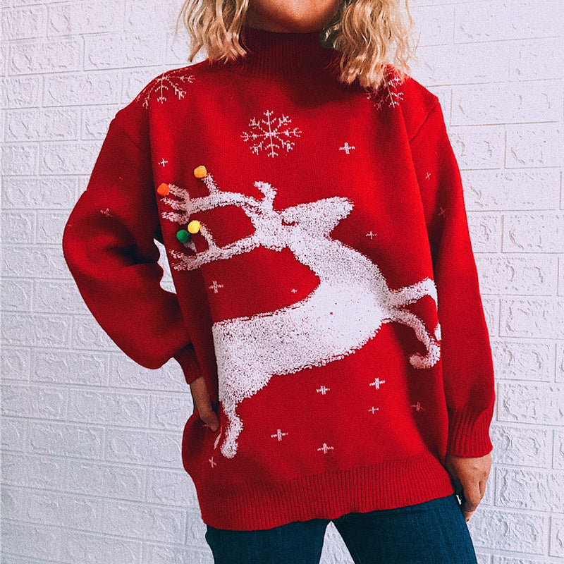 Christmas Sweater Autumn Winter Loose Thick Deer Snowflake round Neck Long Sleeve Pullover