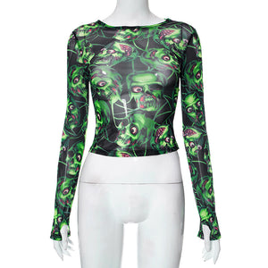 Dark Skull Random Printed Mesh Round Neck Long Sleeve Top Women Clothing