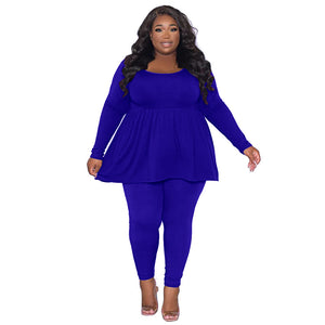 Plus Size Women Clothing Women Suit Solid Color Long Sleeved T Shirt Two Piece Set Women