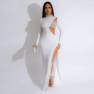 Solid Color Rhinestone Long Sleeve High Slit Dress Women