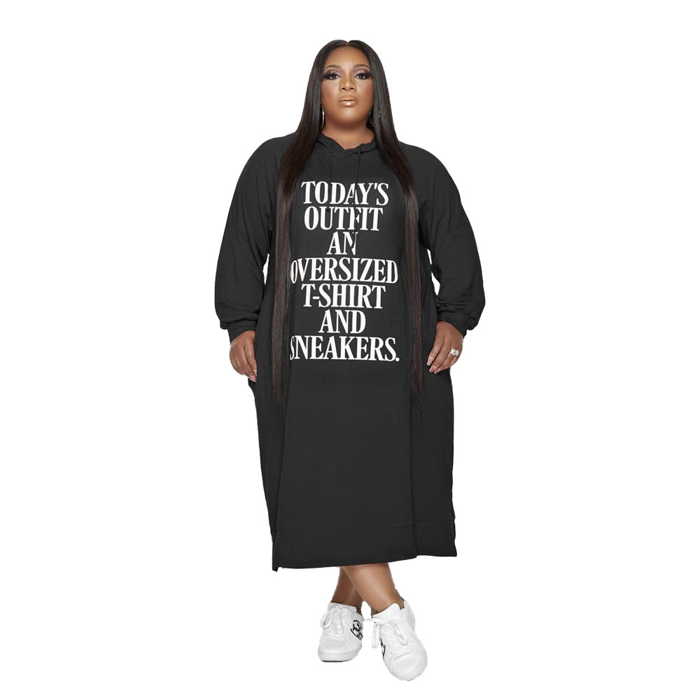 Plus Size Loose Midi Letter Graphic Dress Printing Ladies Hooded Sweater Dress