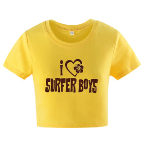 Street Women Clothing I Heart Surfer Boys Letter Graphic Printing Short Short Sleeve T shirt